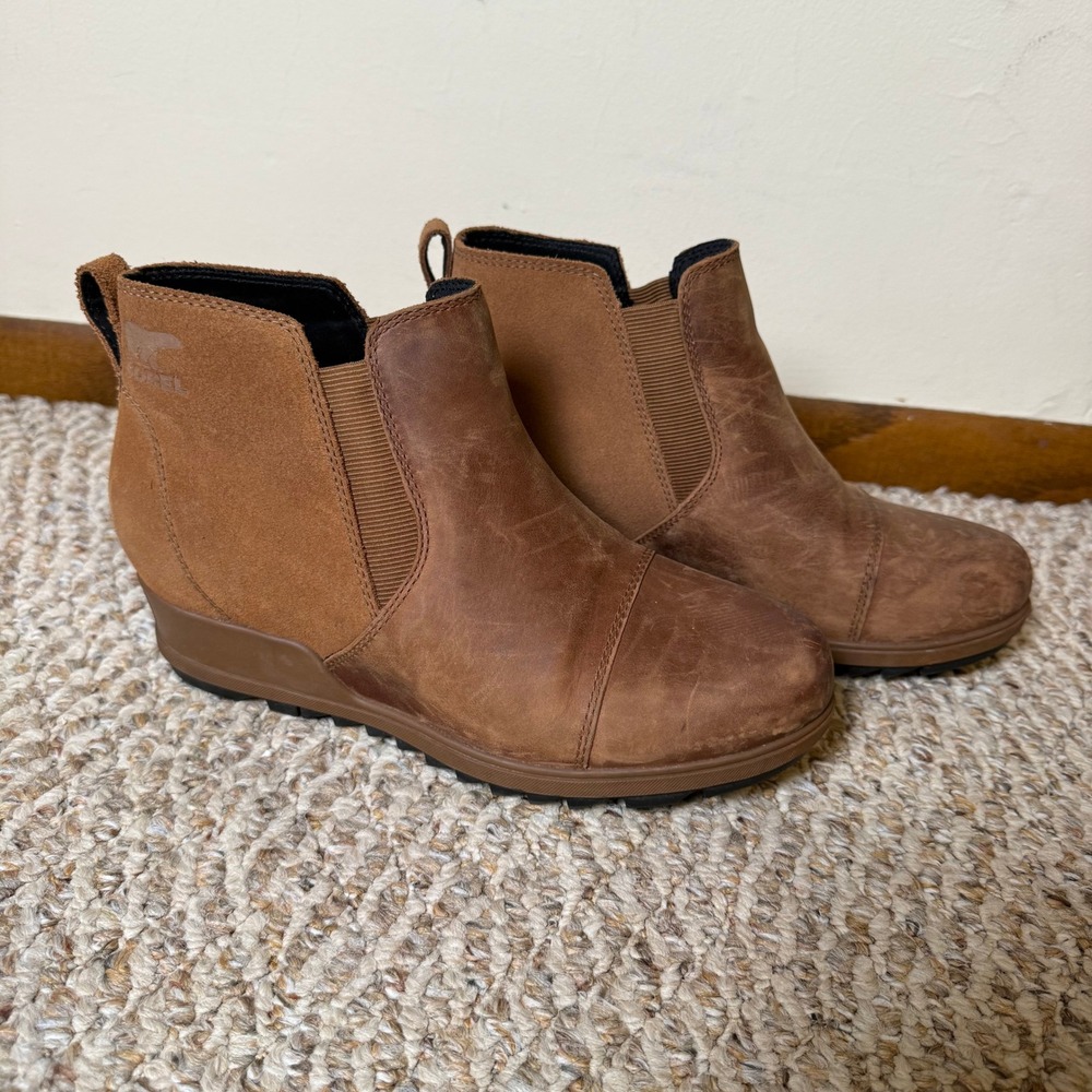 Sorel Evie Chelsea Boot Brown Leather Suede Waterproof Wedge Ankle Boots Size 9